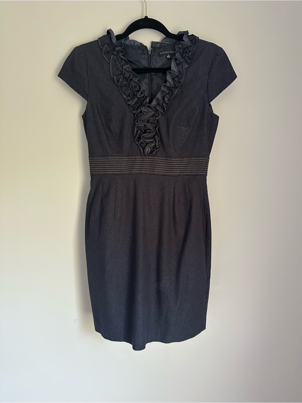 Navy Denim Ruffled V neck sheath